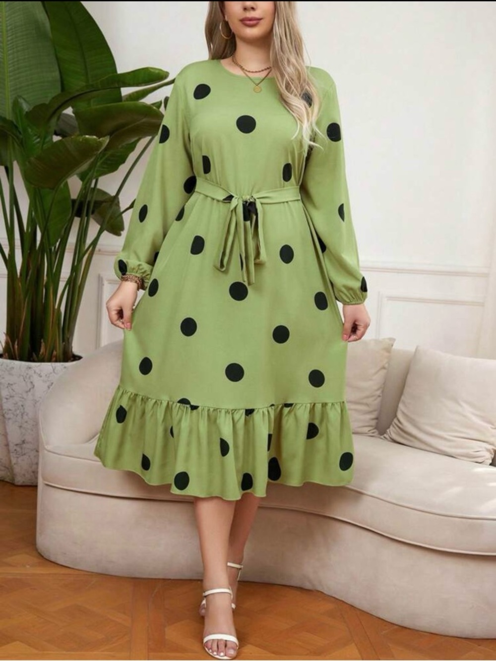SHEIN Olive Green Polka Dot Long Sleeve Midi Dress with Tie Waist